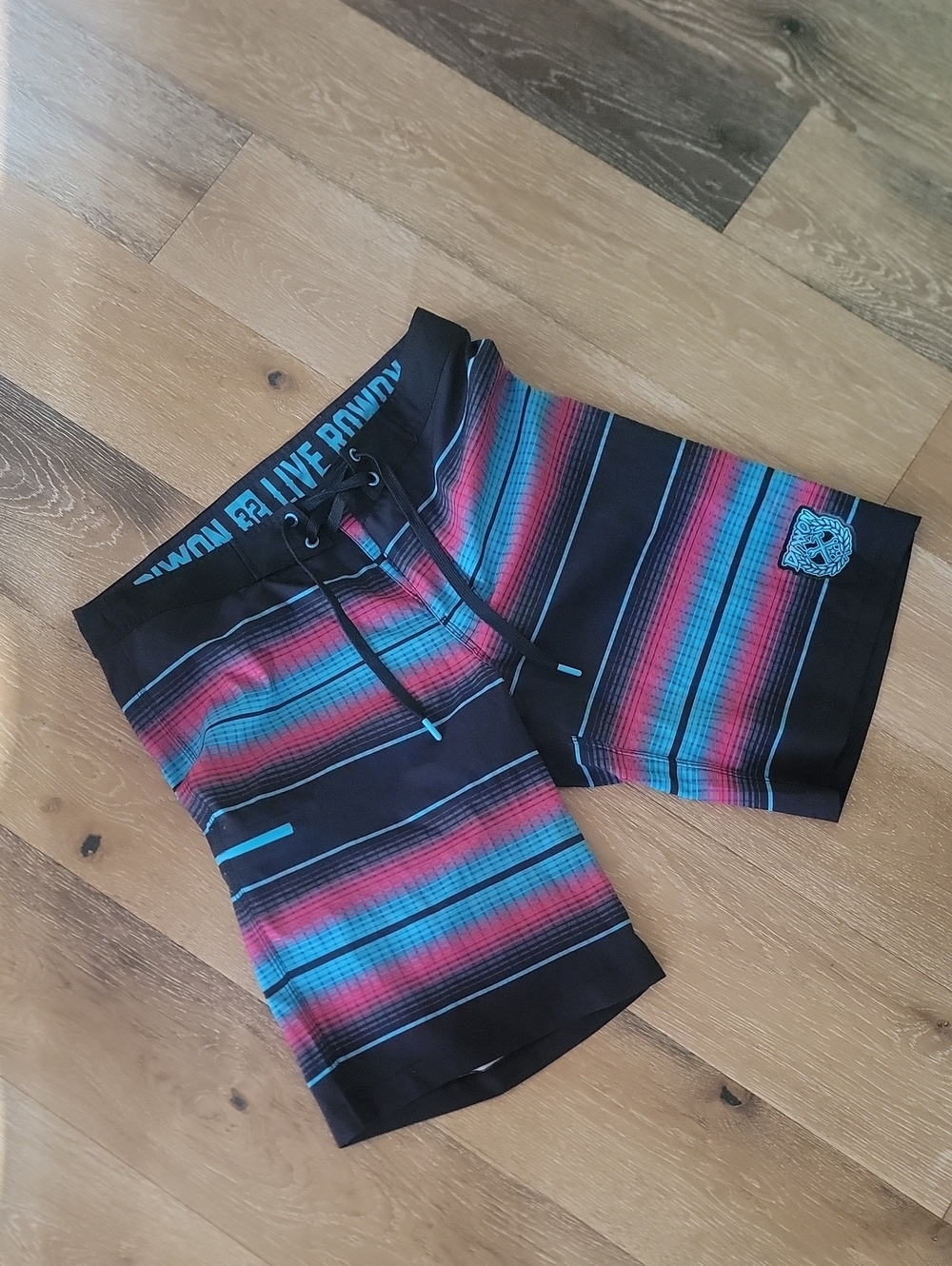 DIXXON Blue & Pink Striped 7" Boardshorts - Size 32